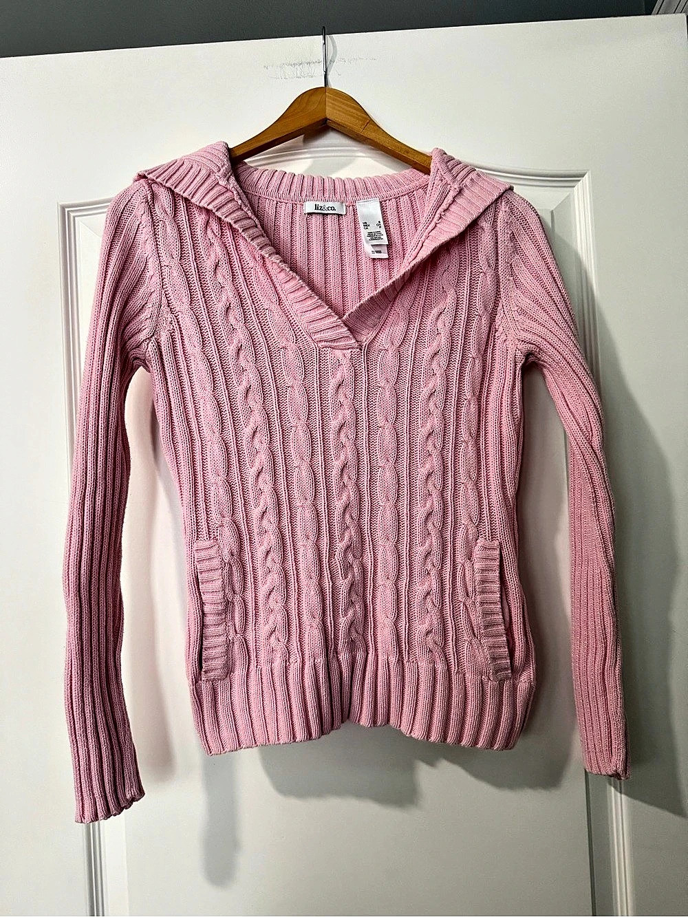 Liz & Co. Cable Knit Hooded Sweater with Pockets in Pink Size Small